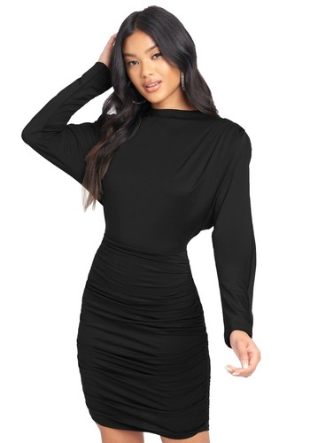 blue long sleeve flowy dress Bishop Sleeve Wrap Over Belt Detail Flowy Gown