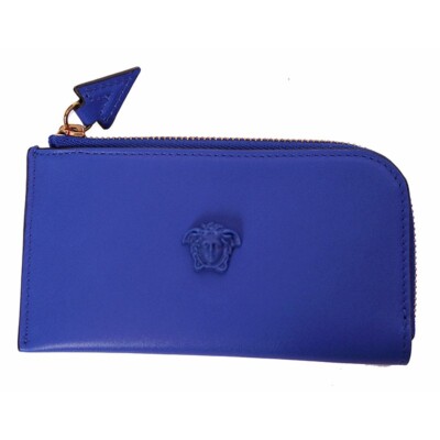 NEW $375 VERSACE Blue Leather LA MEDUSA LOGO Zipper CARD HOLDER