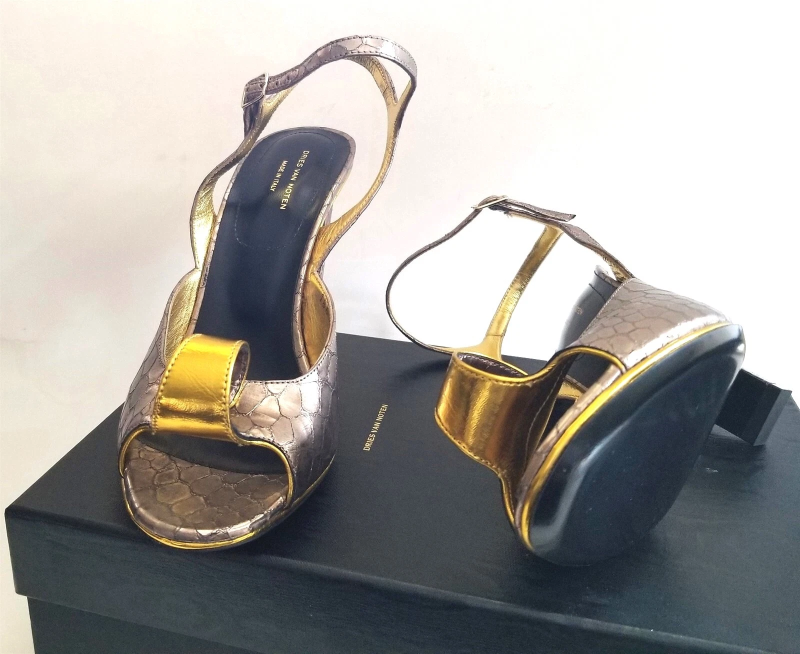 VANS $875 DRIES VAN NOTEN WW24 sandali con tacco firmati in pelle argento oro 8 5 EUR 39 5