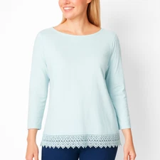 Talbots Top Womens Large Light Blue Long Sleeve Lace Hem Relaxed Fit Casual