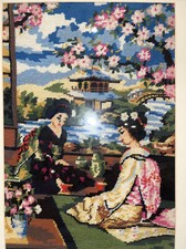 Needlepoint Art Geisha Girls Seated In front Of Window Landscape 25length 18.5 W