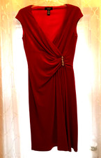 Chaps Women's Sz S Lakehouse Red V Neck Side-Ruched Sheath Dress/cap Sleeve