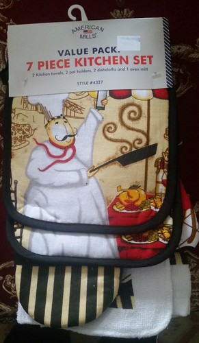 7pc FAT CHEF SET:2 POT HOLDERS,2 TOWELS,2 DISHCLOTHS & 1 OVEN MITT,CHEF W/PAN,AM - 第 1/12 張圖片