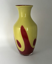Murano Style Art Glass Vase Yellow Red Cased Glass Blown Mid Century 12  