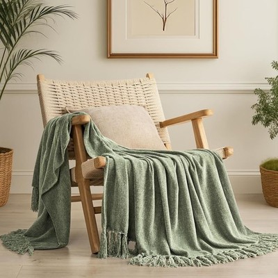 EVERGRACE Chenille Throw Blanket 50''x60'' Knit Tassel Decorative Sofa Couch Throw