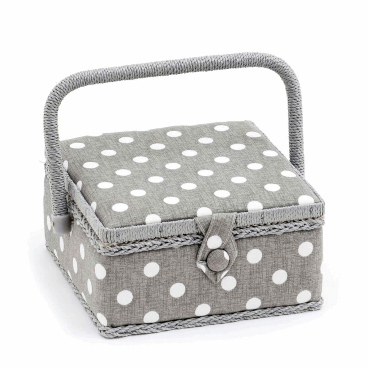 HobbyGift Small Sewing Box - Square - Grey Linen Polka Dot - Sewing Storage