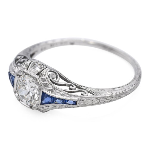 Antique Platinum 0.52ct Diamond and Sapphire Engagement Ring - 第 4/7 張圖片