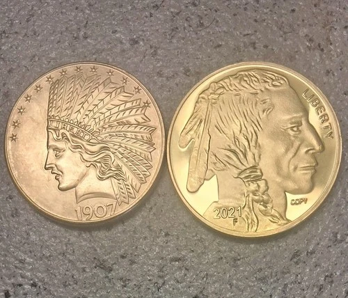 2 Coins: 1907 INDIAN/EAGLE  2021 INDIAN HEAD/BUFFALO - Gold Plated US COPY Coins