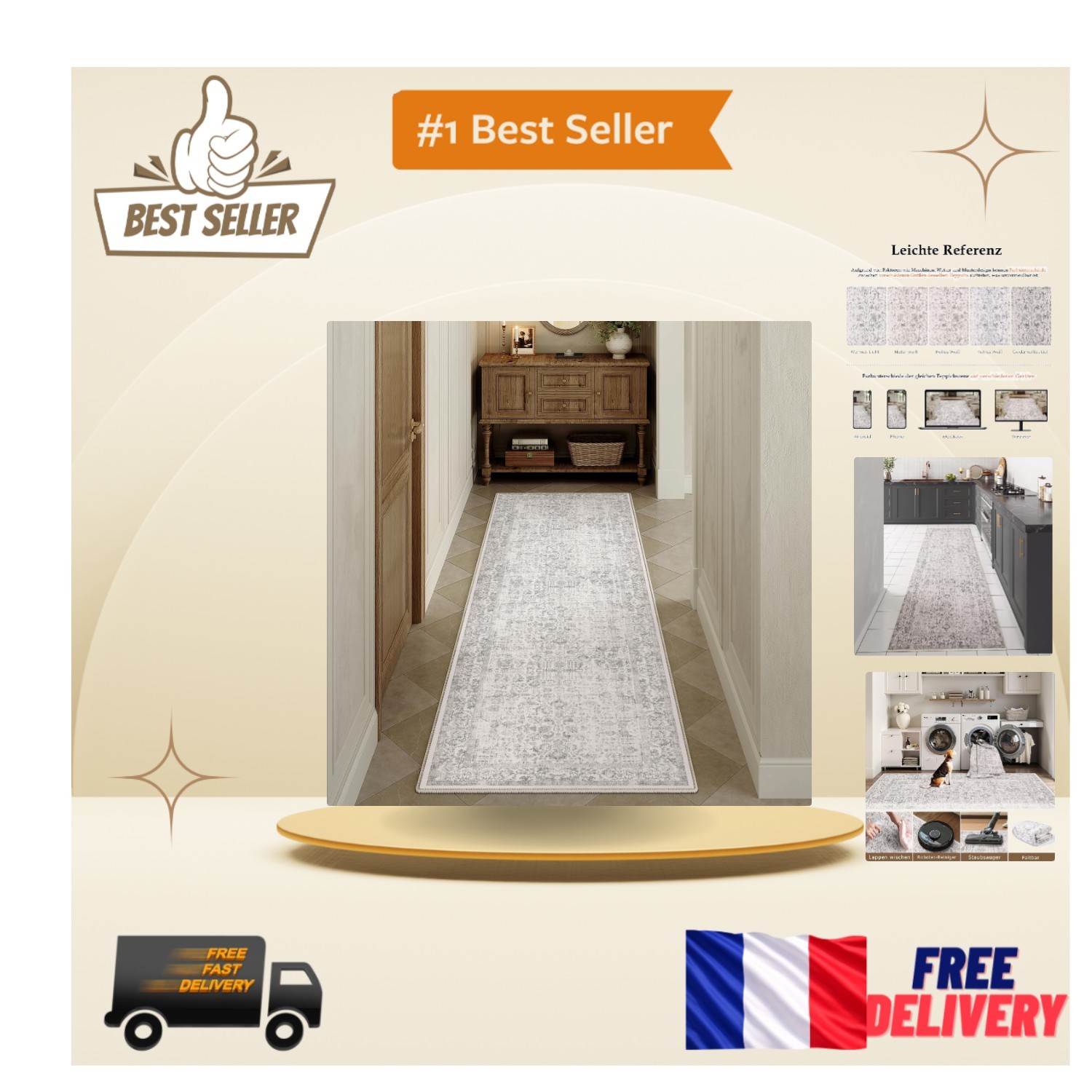 Tapis couloir 60x180cm floral HUGEAR en tissu doux lavable