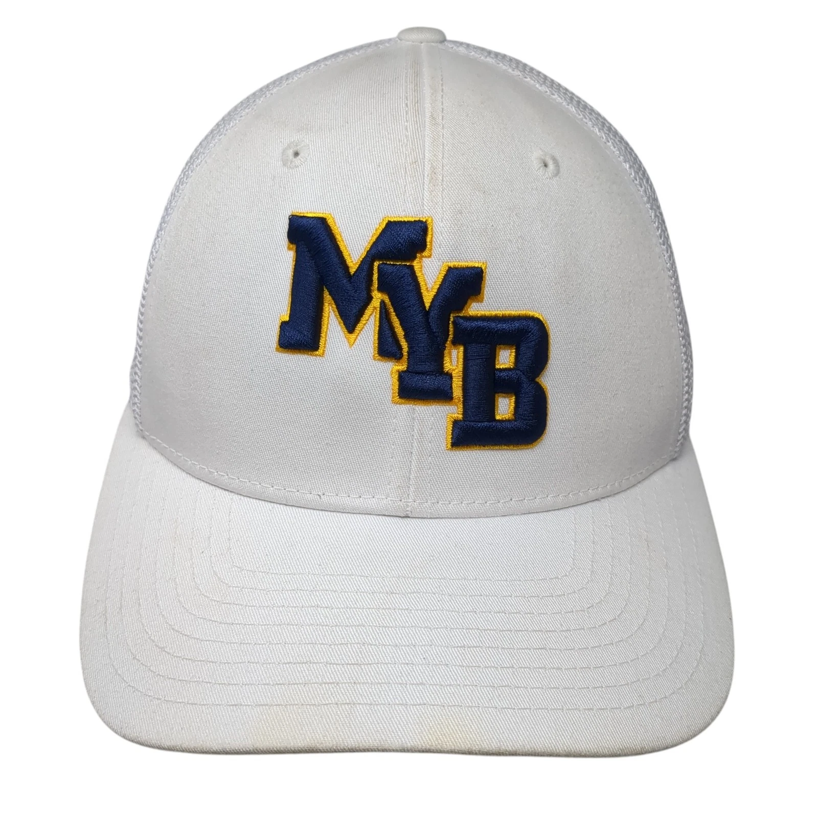 MYB Fitted Trucker Hat White M Embroidered Mesh Back Vented Holes Richardson