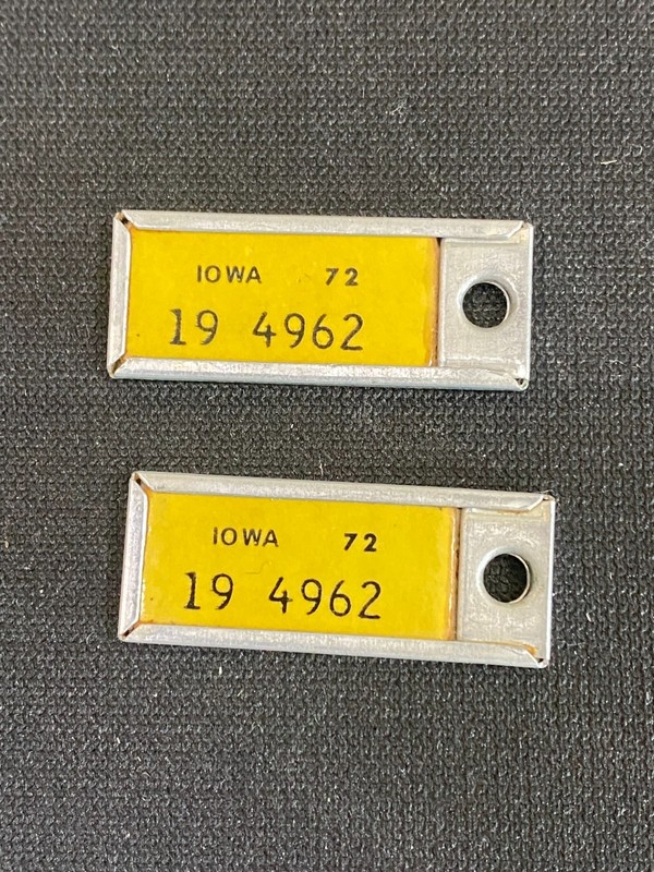 1972 #4962 Pair Iowa DAV Disabled Vets License Plate Keychain Chickasaw CO. #19