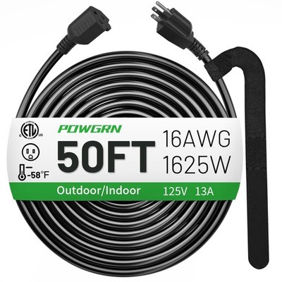 POWGRN 50 FT 16/3 Black Indoor Outdoor Extension Cord Waterproof, 3 Prong Fle...