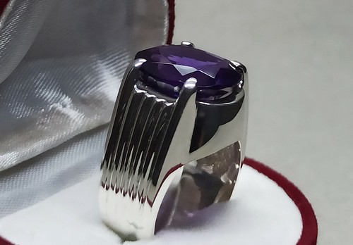 12 Carat Oval Cut Dark Purple Amethyst Sterling Silver 925 Handmade Mens Ring - Picture 5 of 12