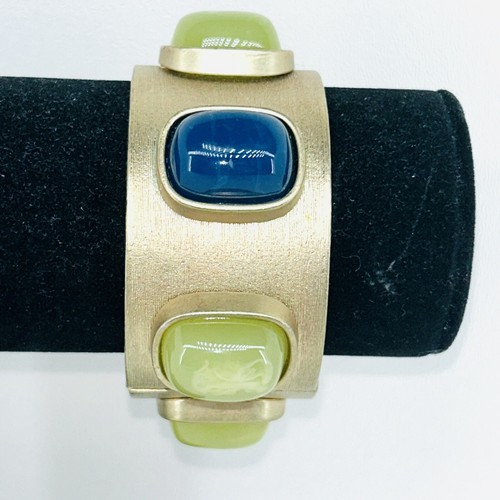 Brutalist 80er-90er UV Chunky Stone Clamper Armband goldfarben grün-blau leuchtend
