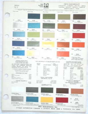 1974 CHEVROLET PPG COLOR PAINT CHIP CHART ALL MODELS CHEVELLE CAMARO CORVETTE GM