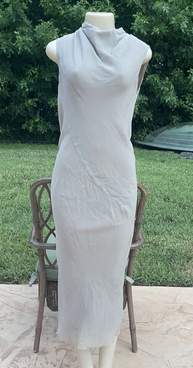 RICK OWENS BEIGE SLEEVELESS CASUAL RAW HEM SILK DRESS Sz 10 MADE