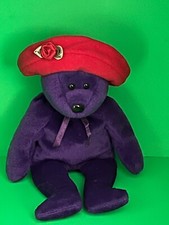 Ty Beanie Baby Ruby the Purple Bear W/Red Hat Society DOB: July 2, 2005 No Tag