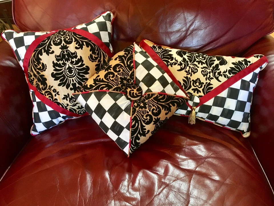 Gold Damask Burgundy Checkered Envelope Pillow Mackenzie Childs Napkin - Image 2 of 4