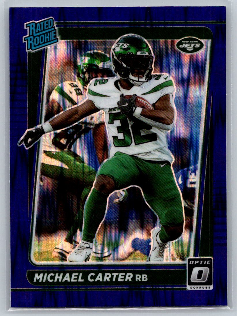 2021 Donruss Optic #235 Michael Carter Rated Rookie Purple Shock RC JETS
