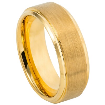 Tungsten Ring Yellow Gold Ion Plated Center Brushed Stepped Edge 8mm Wedding 