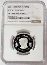 1981 PLATINUM 200 MINTED LESOTHO 250 MALOTI DIANA'S WEDDING NGC PROOF 70 ULTCAM
