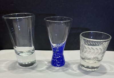 Lot of 3 Different Shot Glasses Clear  - 1 Confetti - 1 Etched - 1 Plain Barware