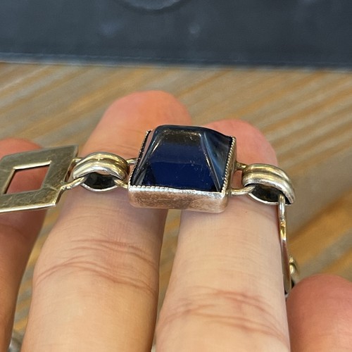 Vintage Art Deco Sterlingsilber & blaues Glas Zuckerhut Cabochon Armband 8" 32g - Bild 5 von 15
