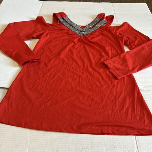 Women Sequin Red Cold Shoulder Off Shoulder Top Shirt Quarter Sleeve V Neck Sz M - Picture 7 of 11