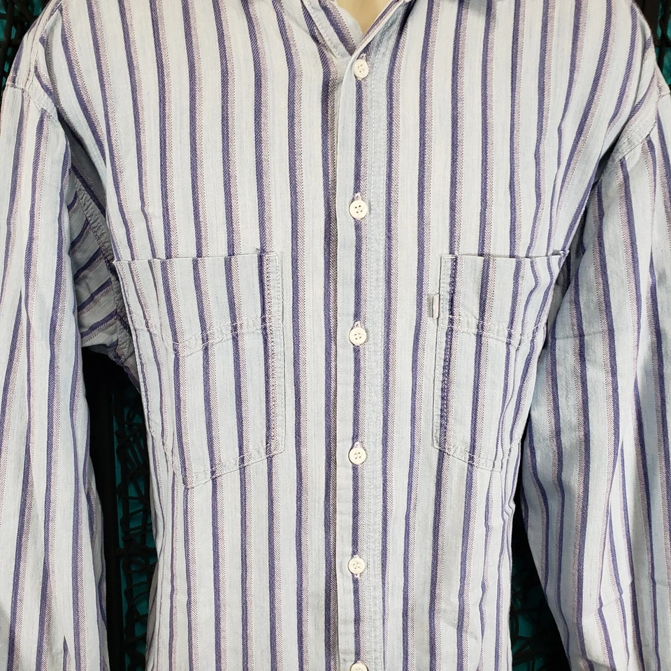 VTG LEVI'S SILVER TAB MENS LONG SLEEVE BUTTON UP SHIRT SZ. L BLUE STRIPE COTTON - Image 4 of 4