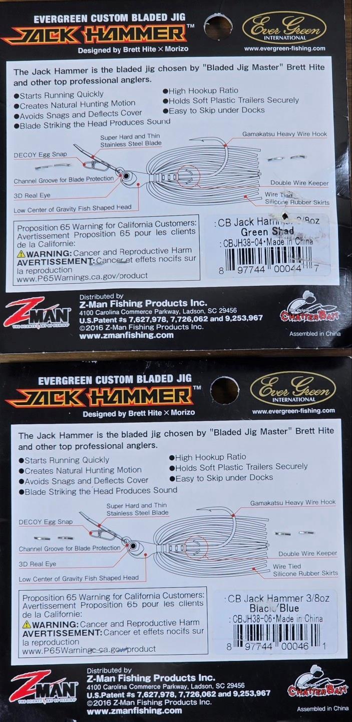 (Ct of 2) Z-Man Evergreen Chatterbait Jack Hammer 3/8 oz Evergreen Custom Blade! - Image 4