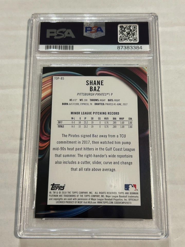 2018 BOWMAN PLATINUM SHANE BAZ 18/25 PROSPECTS ORANGE PSA 9 SSP PIRATES RAYS - Image 2 of 2