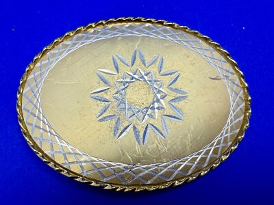 Etched Starburst Pattern Silver Gold Tone Western Belt Buckle Marked W