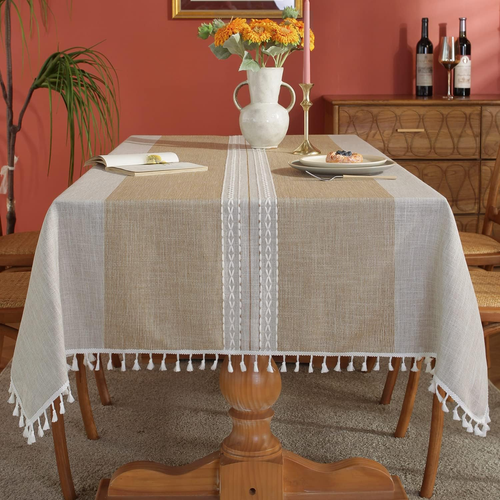 Waterproof Tablecloths with Stitching Tassel,Cotton Linens Wrinkle Free Table Co