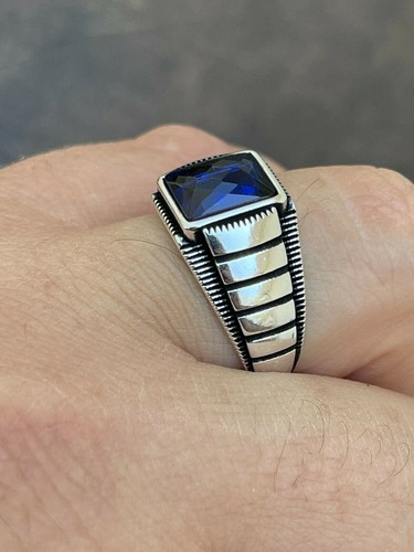 Men's Plain Real Solid 925 Sterling Silver Hip Hop Big Blue Stone Ring Size CZ - Picture 5 of 12