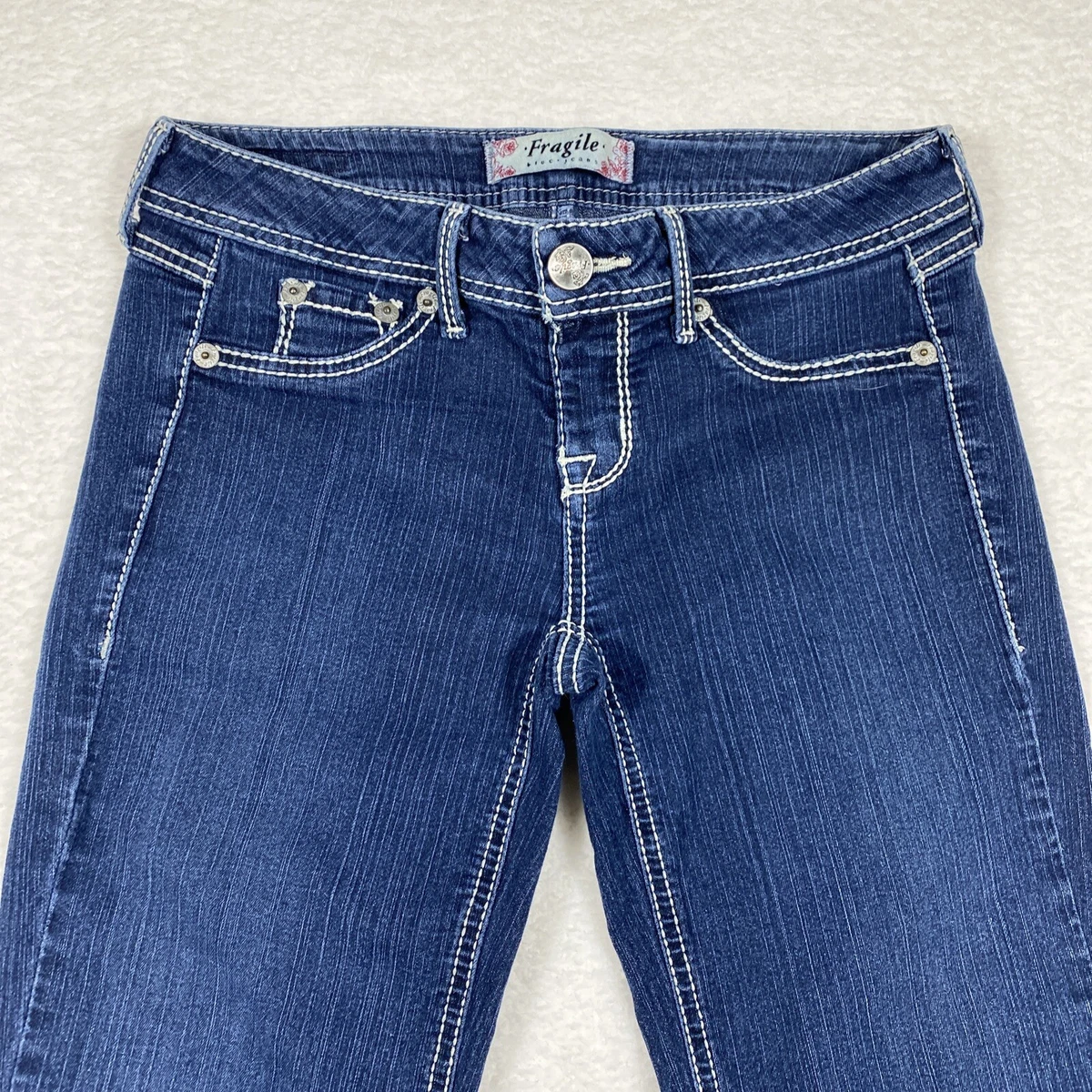 Fragile Brand Women s Junior s Jeans Flare Leg Blue Denim Low Rise Size Medium