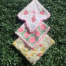 Vintage 50s soft cotton floral scalloped edge handkerchief bundle of 3