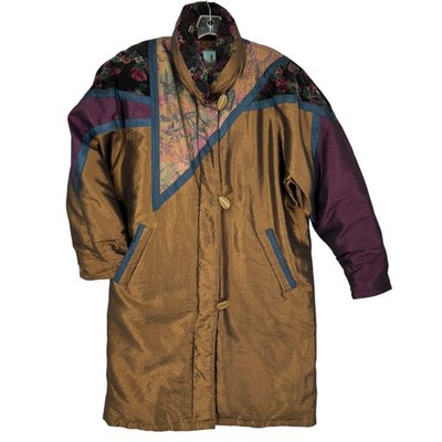 Vintage 90s Cyclone Down Midi Jacket Womens 12 Floral Velvet Accent Puffer