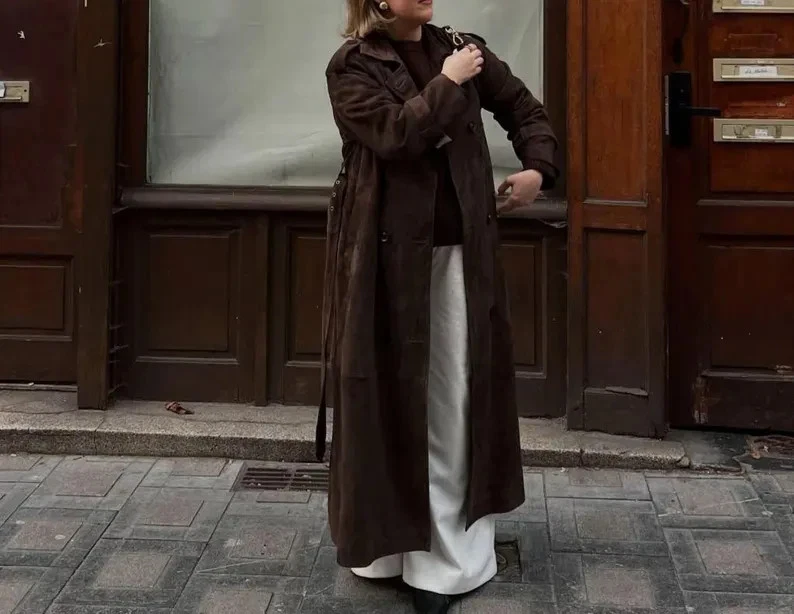 Женщин коричневый замшевый длинное пальто двубортный Fallout кроличьего Тренч - Изображение 4 из 4