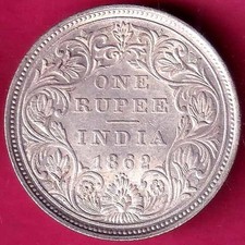 BRITISH INDIA (0/4 DOTS) 1862 VICTORIA QUEEN ONE RUPEE BEAUTIFUL SILVER CO #YJ52