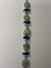 925 Sterling Silver Native American Turquoise & Lapis Bracelet ~ 8” ~ 28.3 g