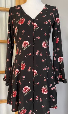 Divided H&M Floral Mini Dress 8 Black Long Sleeves Button Up Party Cottagecore