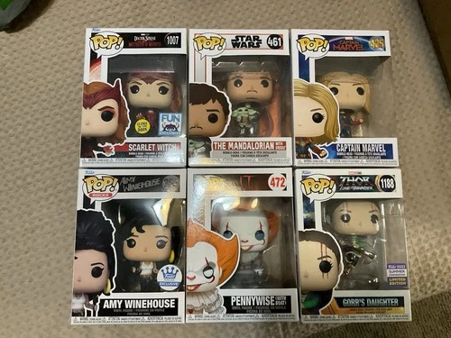 Funko Pop Lot 6, Penny Wise. Amy Winehouse. Gorr’s Daughter. Mandalorian W/ Gro+