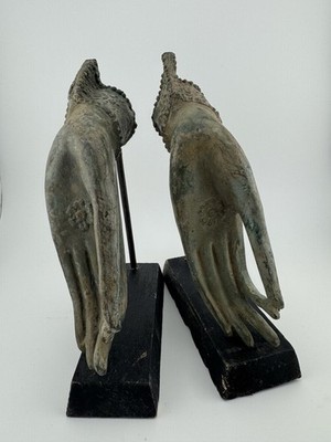 Pair Of Antique Bronze Buddha Hand Sculptures On Bases Vitarka Mudra Gesture