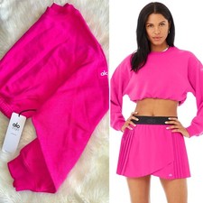 NEW ALO Yoga Devotion Pullover Sz Medium M Neon Pink Crop Sweatshirt