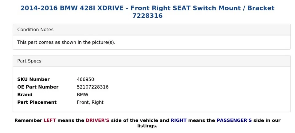 BMW 428I XDRIVE 2014-2016 - Soporte interruptor asiento delantero derecho 7228316 Foto 4 de 4