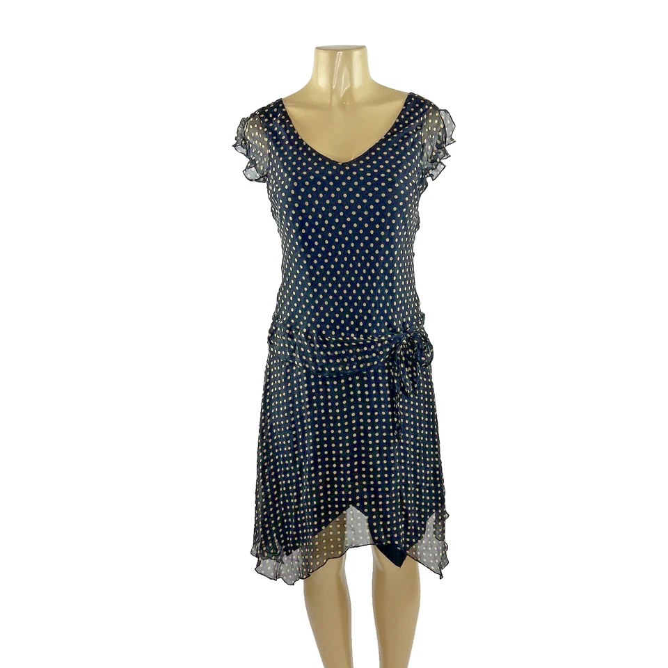 Y2K Polka Dot Dress Size 6 P Black Silk Slinky Asymmetric Coquette Whimsigoth - Image 1 of 4