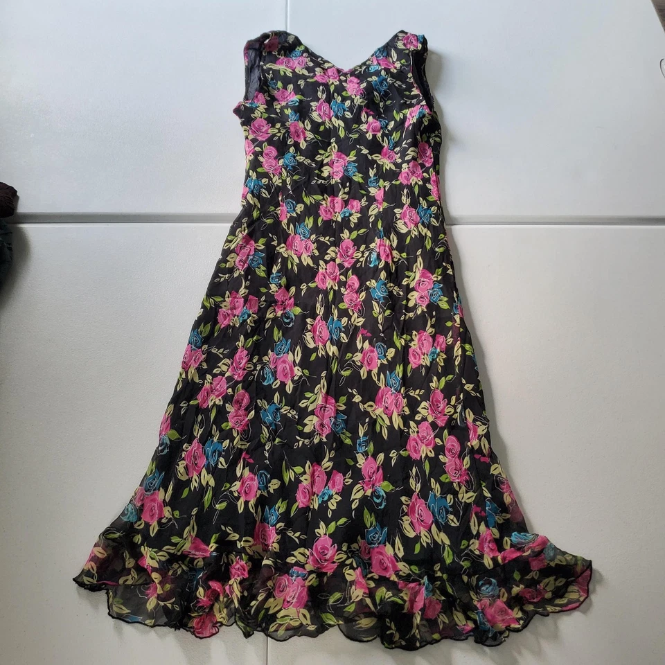 Vestido Y2K Whimsigoth Fairy Grunge para mujer 14 negro floral seda sin mangas cuello en V Foto 3 de 4