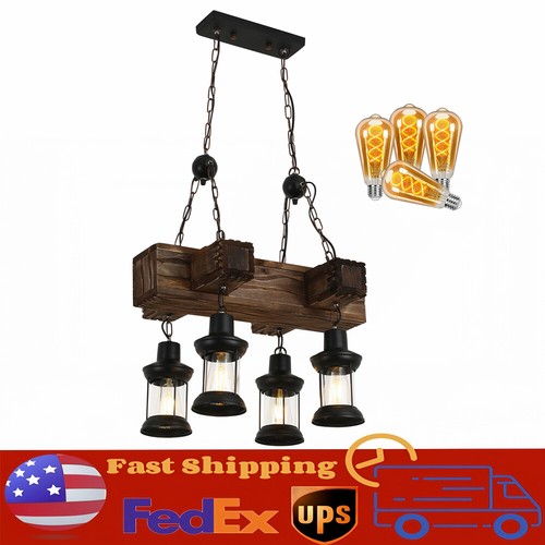 Rustic 4 Heads Chandelier Wood Industrial Ceiling Lamp Pendant Light Fixture USA