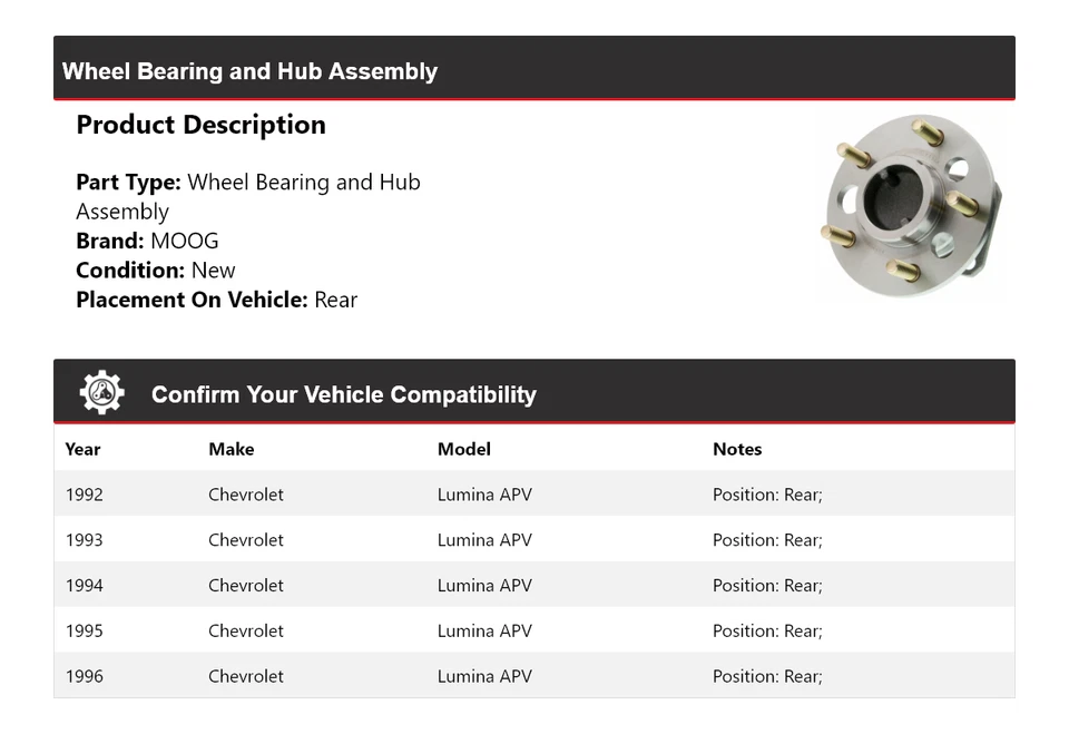 Conjunto de cojinete de rueda y buje trasero MOOG 1992-1996 Chevrolet Lumina APV Foto 2 de 4