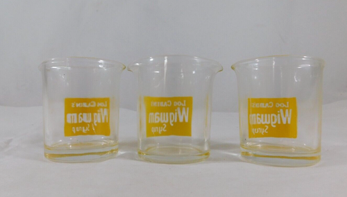 3 Vintage Log Cabin’s Wigwam Syrup’ Double Spout Mini Glass Cup Dispenser Beaker - Picture 2 of 4